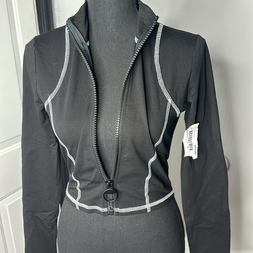 Black Active Zip-Up Jacket & Leggings with White Stitching - Picture 5 of 10